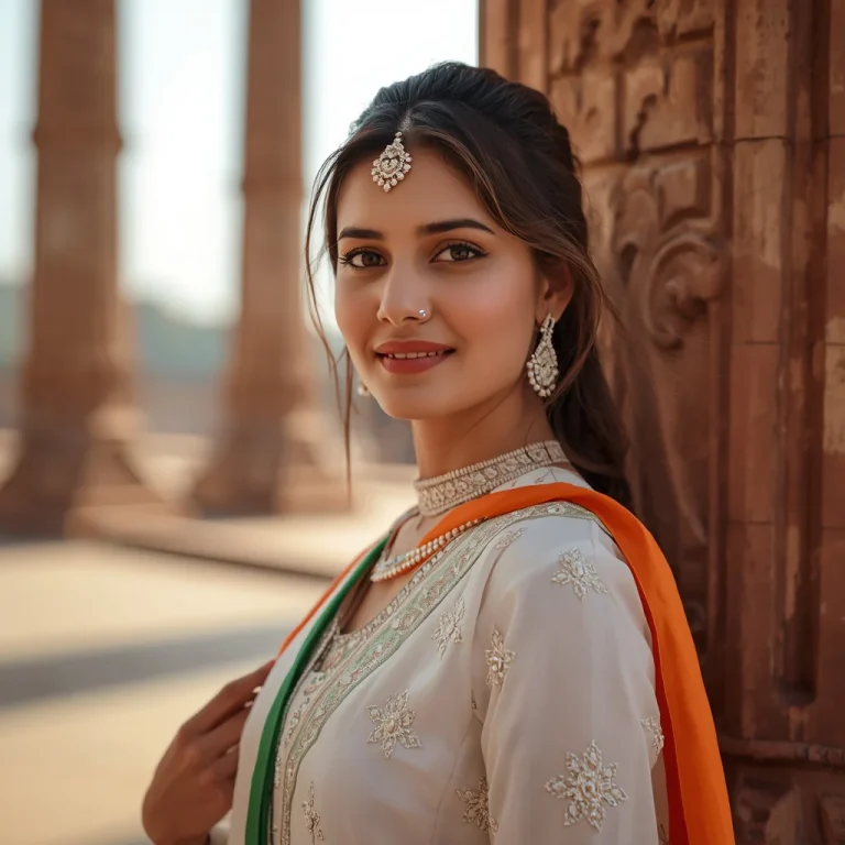 Beautiful woman in traditional outfit holding national flag | indian independence day prompt for gemini