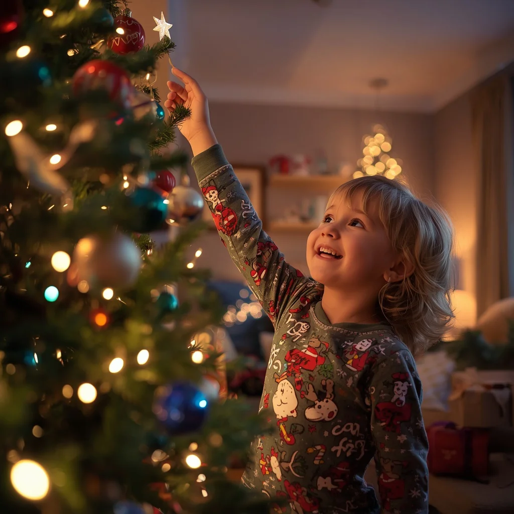 Child Decorates Christmas | snowy christmas ai prompt