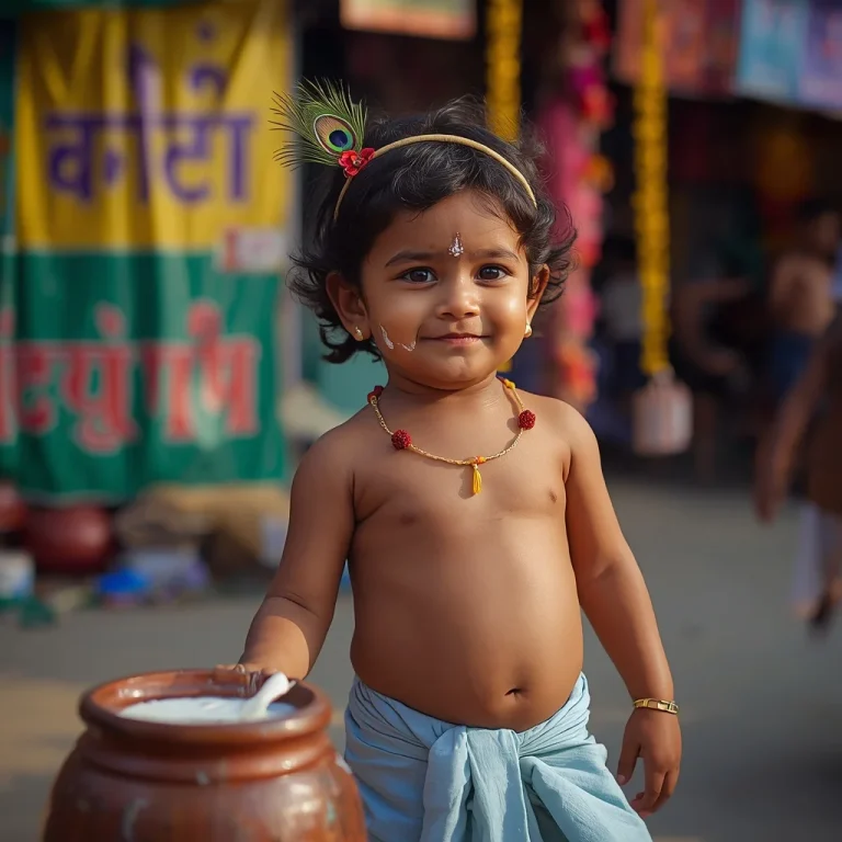 Child Krishna near Dahi Handi | dahi handi ai prompt