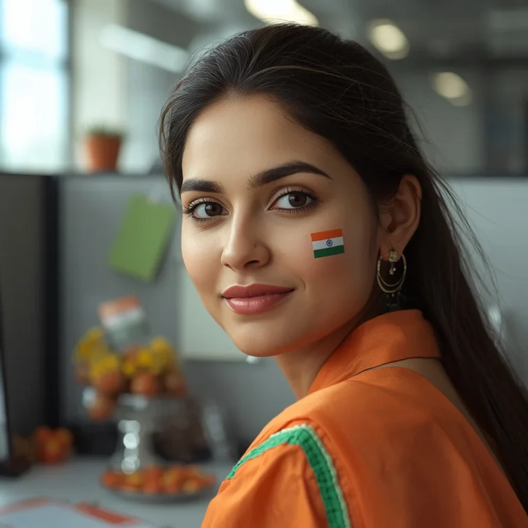 Close Up Portrait Of A Woman At A Decorated Office Desk | independence day prompt chatgpt