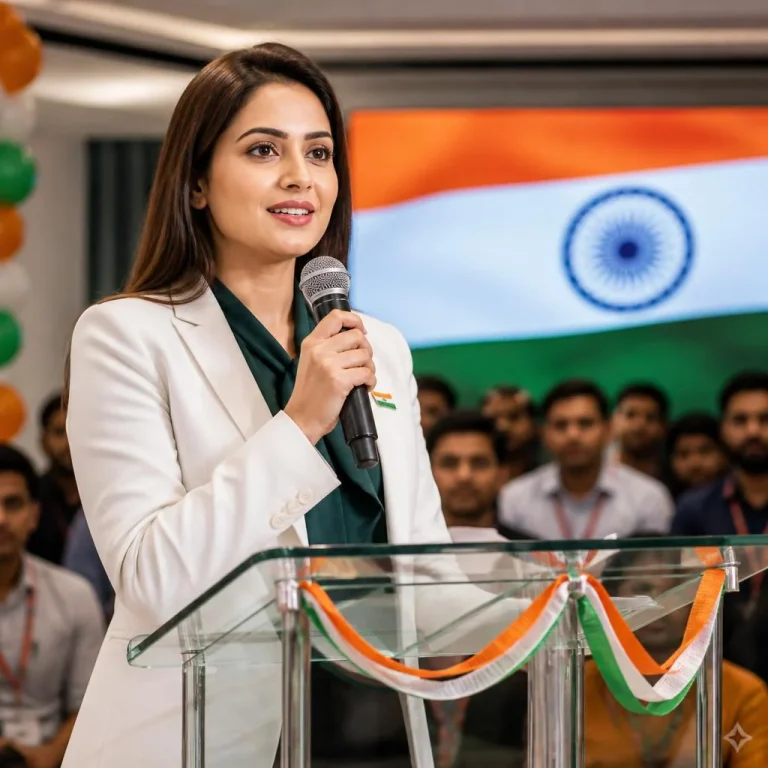 Female Executive Giving An Independence Day Speech In The Office | desh bhakti ai prompt