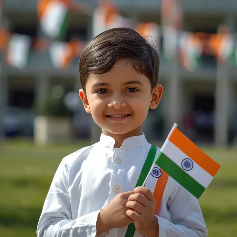 Happy young child holding indian national flag proudly | indian flag ai prompt
