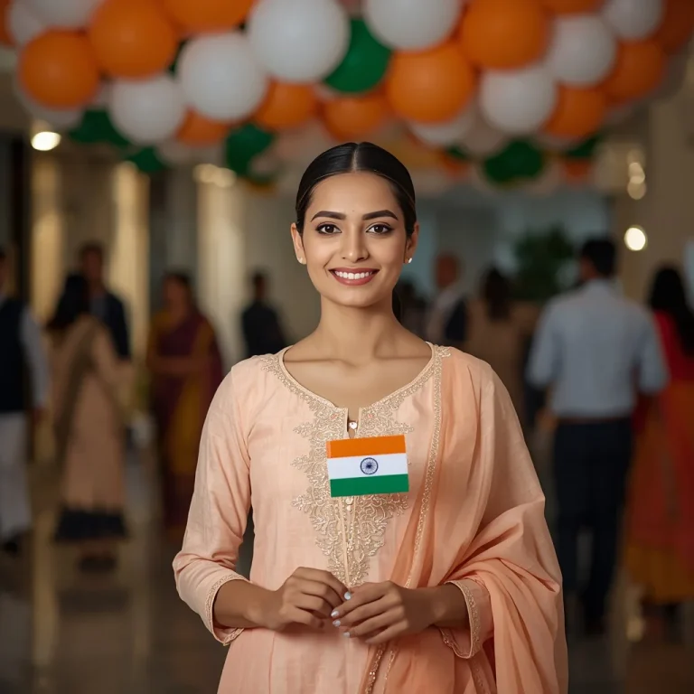 Joyful Female Employee Celebrating Independence Day At Work | desh bhakti ai prompt