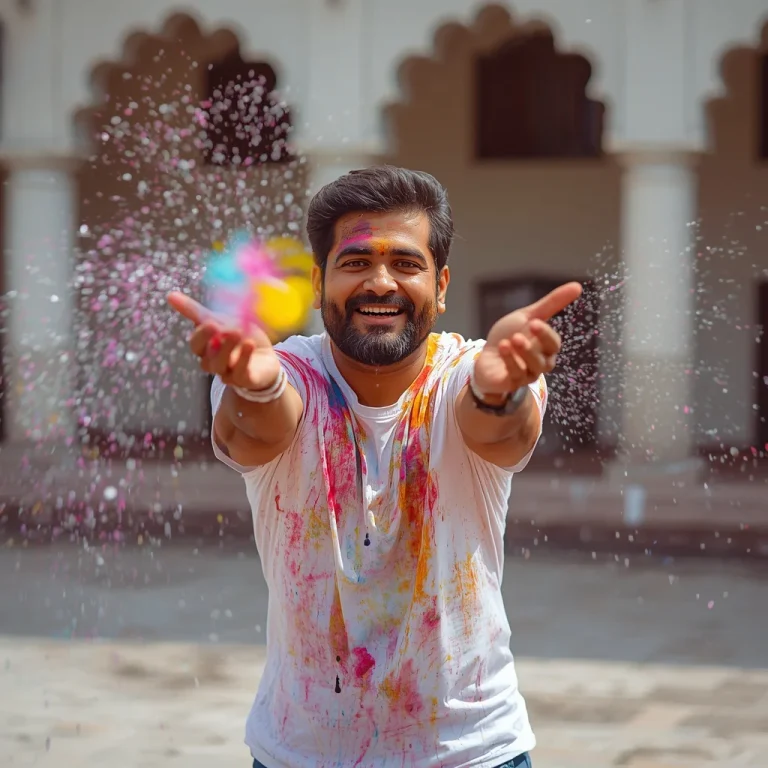 Man's Energetic Holi Throw | holi celebration ai photo