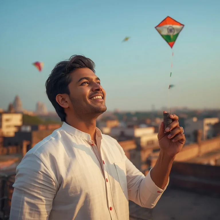 Proud Indian man flying colorful tricolor kites on terrace | desh bhakti ai prompt