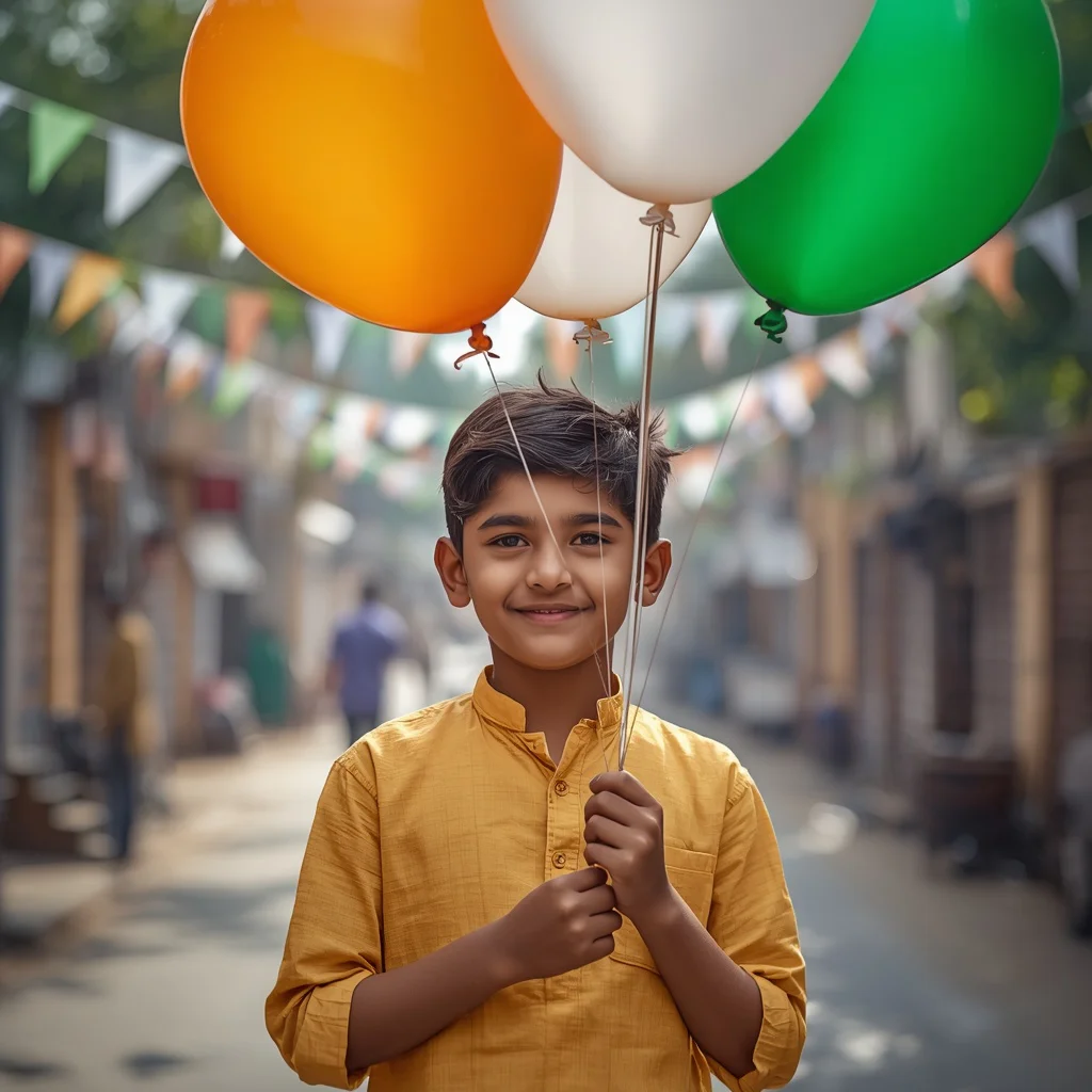 Smiling Indian Boy Holding Vibrant Tri Color Balloons | 15 august ai prompt