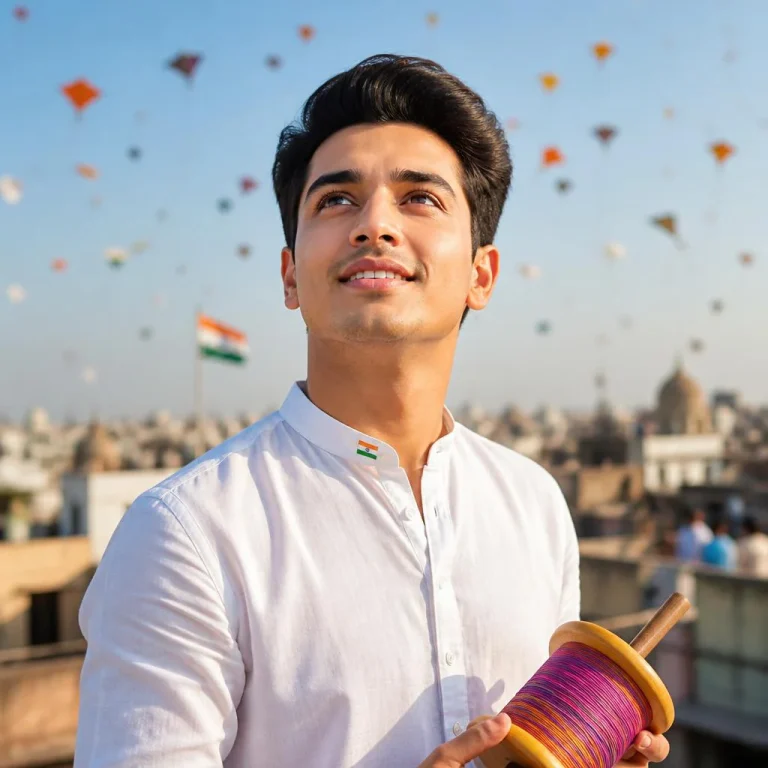 Young Indian Man Flying Kites From Rooftop | indian flag ai prompt