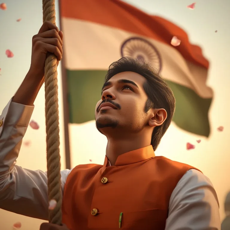 Young man hoisting national flag in proud moment | tiranga ai prompt