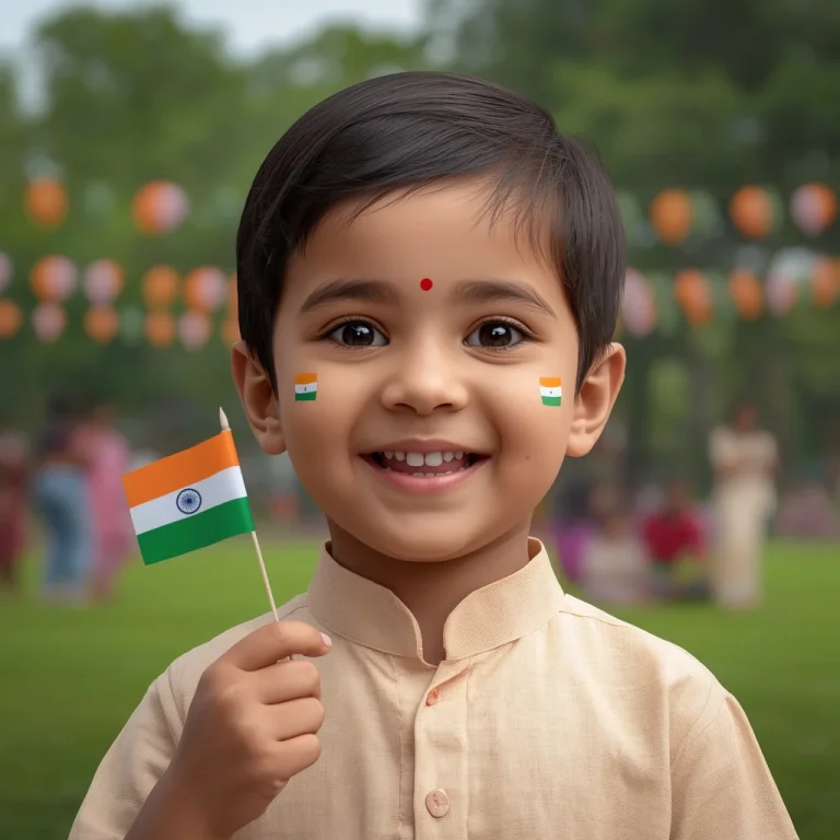 Young Smiling Child Holding A Tiny Indian Tricolor Flag | trending 15 august prompt instagram