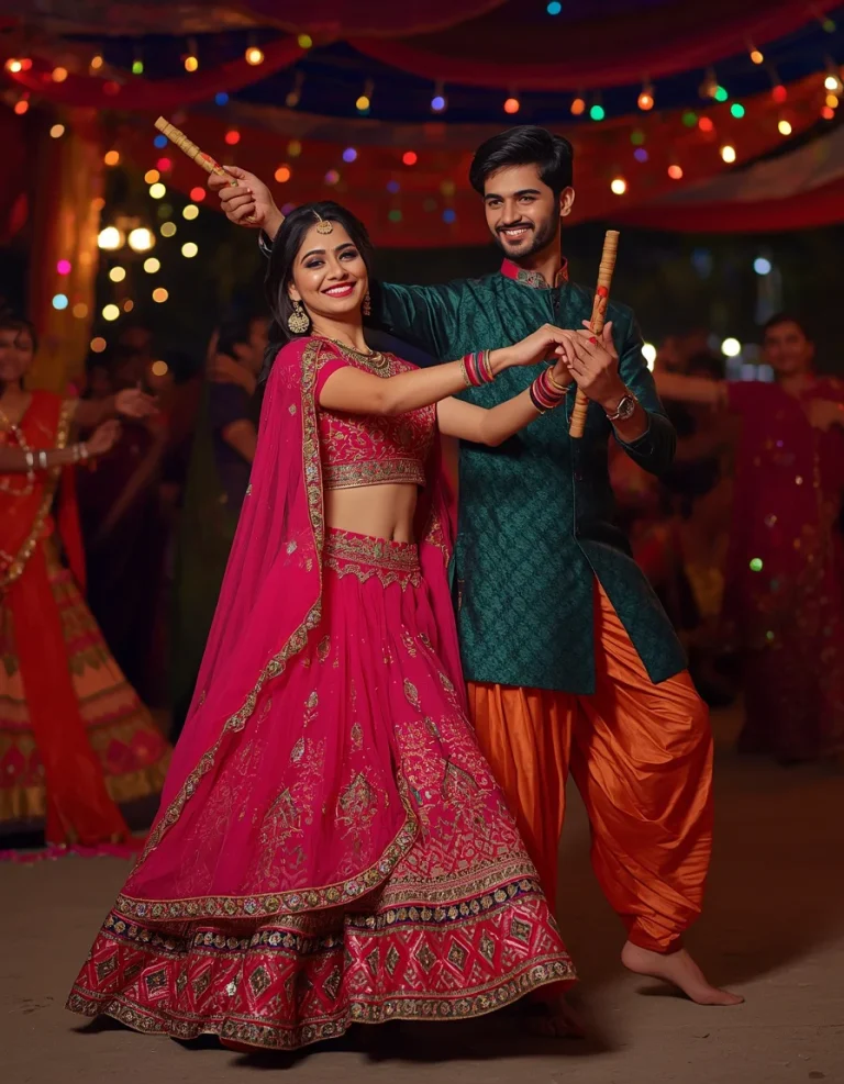 Couple Dancing in Colorful Garba Circle