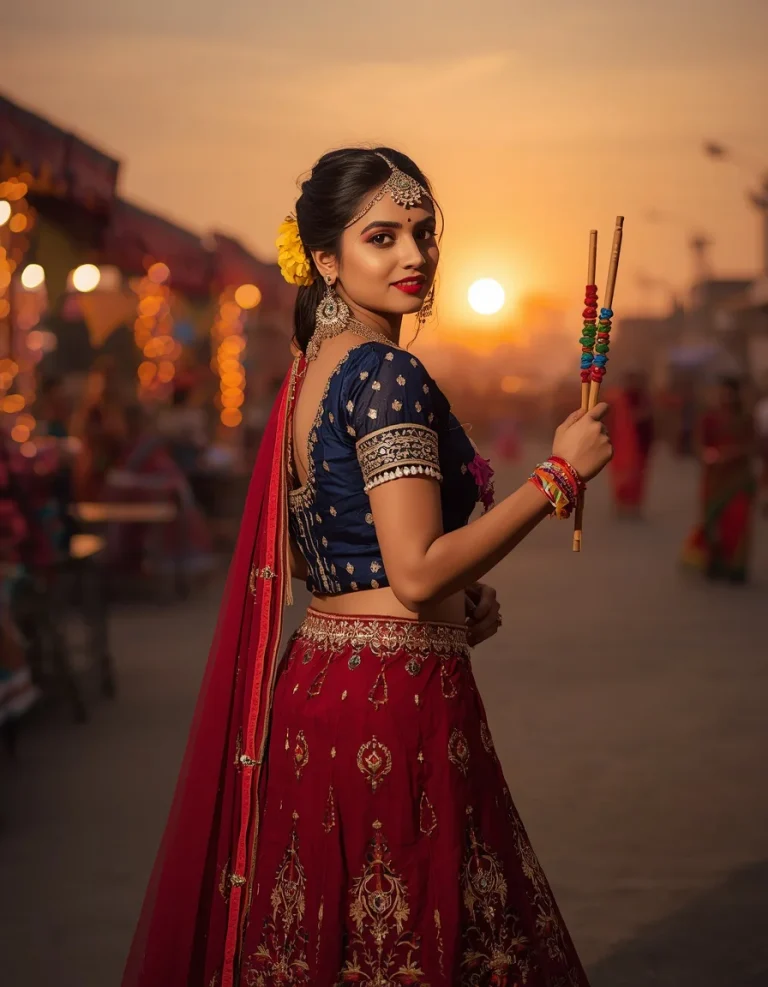 Festive Dandiya Pose at Golden Hour