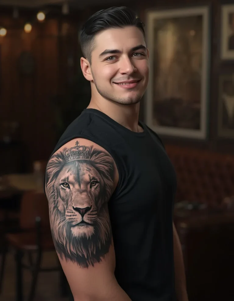 Realistic Lion and Crown Tattoo