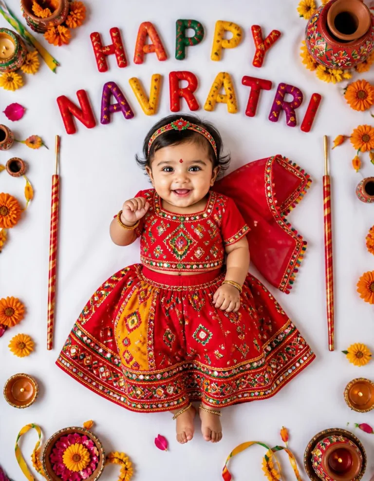 Adorable Baby Girl in a Bright Red Garba Outfit