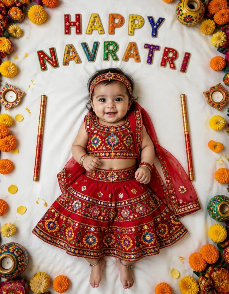 Adorable Baby Girl in a Red Gujarati Lehenga