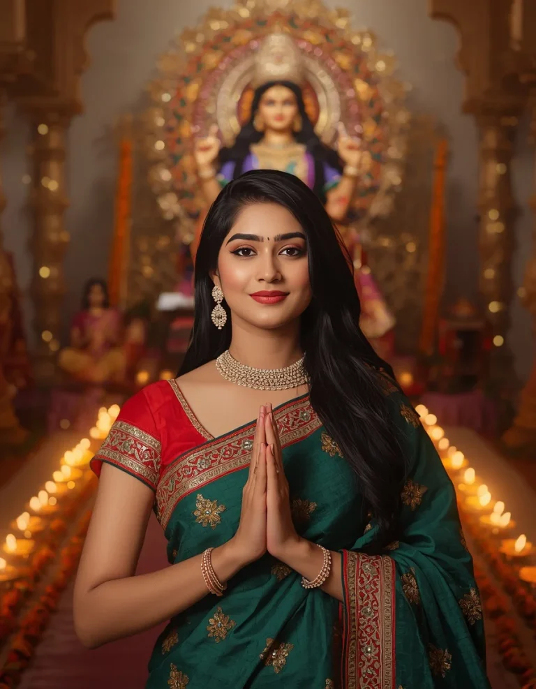 Beautiful Young Woman Offering Namaste to Durga Maa