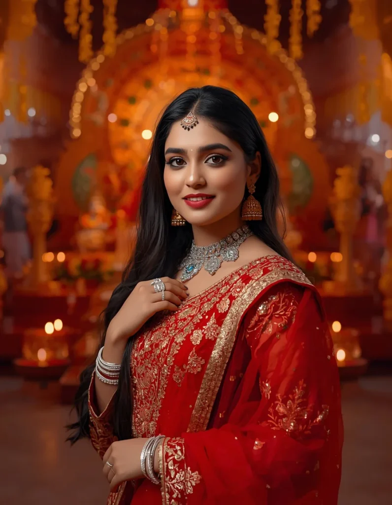 Charming Young Woman in Red and Gold Chaniya Choli