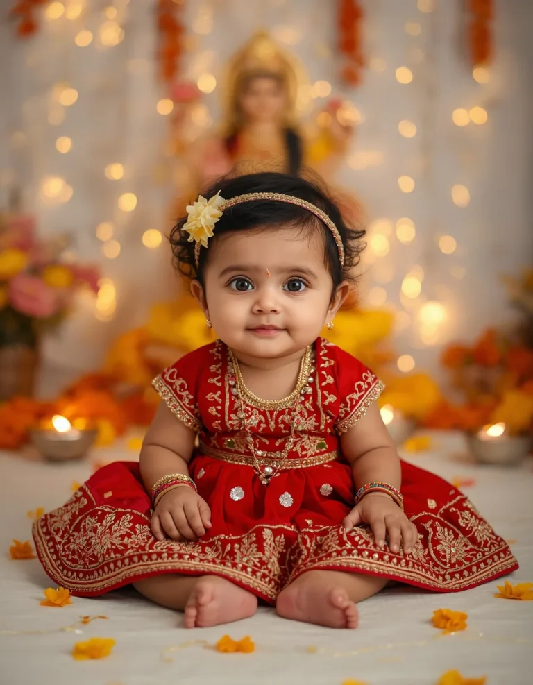 Chubby Cheeked Baby Girl in a Red Lehenga