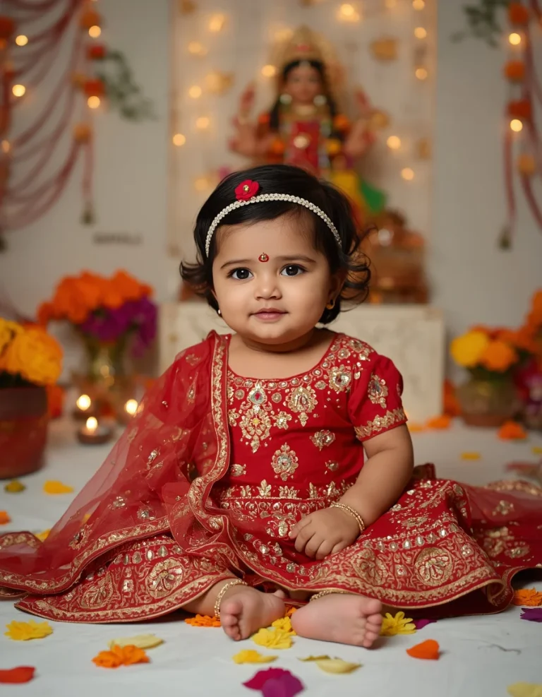 Cute Baby Girl in a Red and Golden Lehenga