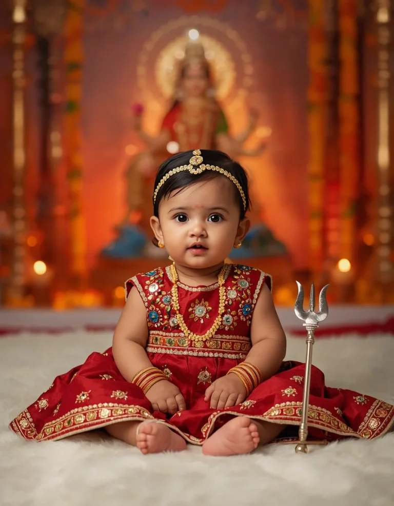 Little Baby Girl in a Red Navratri Lehenga