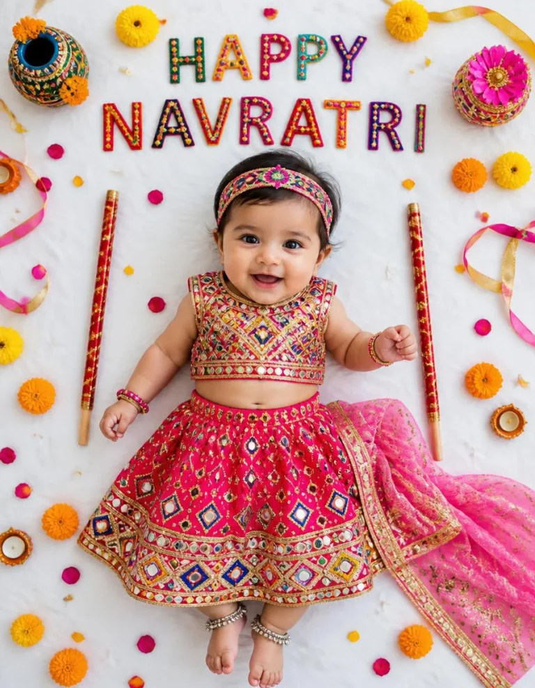 Tiny Baby Girl in a Pink Garba Lehenga
