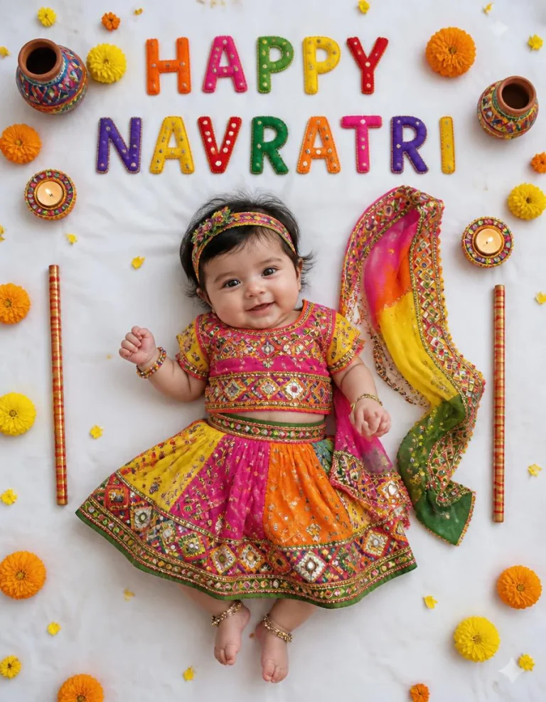 Tiny Baby Girl in Pink and Yellow Garba Dress