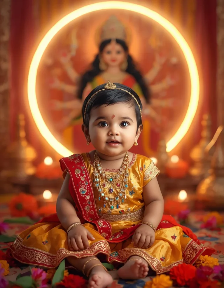 Tiny Durga-Inspired Princess in a Golden Lehenga